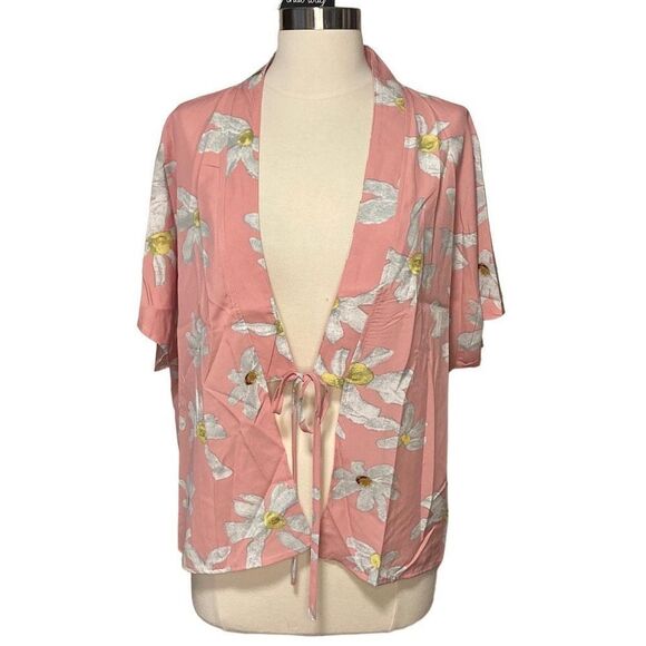 Emery Rose - Pink & White Floral Print Kimono, Tie Front sz XL - Picture 5 of 9